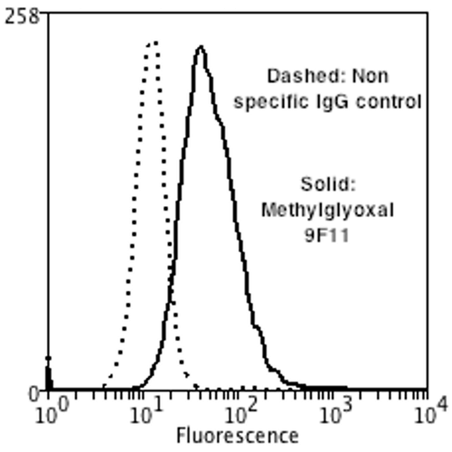 Flow Cytometry analysis using Mouse Anti-Methylglyoxal Monoclonal Antibody, Clone 9F11 . Tissue: Neuroblastoma cells (SH-SY5Y). Species: Human. Fixation: 90% Methanol. Primary Antibody: Mouse Anti-Methylglyoxal Monoclonal Antibody at 1:50 for 30 min on ice. Secondary Antibody: Goat Anti-Mouse: PE at 1:100 for 20 min at RT. Isotype Control: Non Specific IgG. Cells were subject to oxidative stress by treating with 250 µM H2O2 for 24 hours.