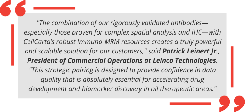 "The combination of our rigorously validated antibodies—especially those proven for complex spatial analysis and IHC—with CellCarta’s robust Immuno-MRM resources creates a truly powerful and scalable solution for our customers," said Patrick Leinert Jr., President of Commercial Operations at Leinco Technologies. "This strategic pairing is designed to provide confidence in data quality that is absolutely essential for accelerating drug development and biomarker discovery in all therapeutic areas."