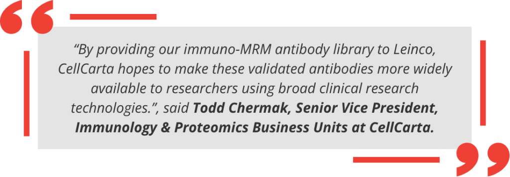 “By providing our immuno-MRM antibody library to Leinco, CellCarta hopes to make these validated antibodies more widely available to researchers using broad clinical research technologies.”, said Todd Chermak, Senior Vice President, Immunology & Proteomics Business Units at CellCarta.
