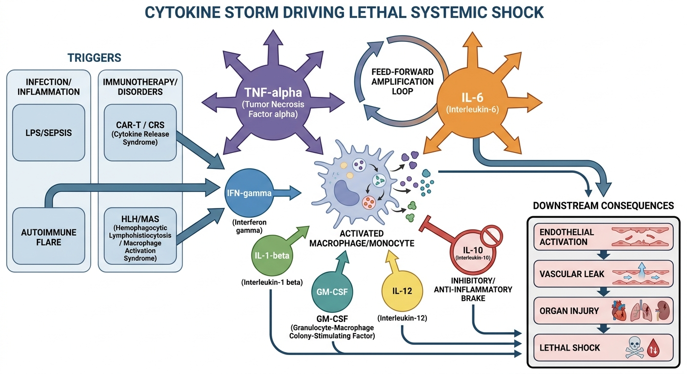 cytokine-storm-systemic-shock-pathway-diagram.webp | Diagram of the cytokine storm pathway showing triggers like sepsis and CAR-T therapy leading to macrophage activation, IL-6 and TNF-alpha release, vascular leak, and systemic shock.