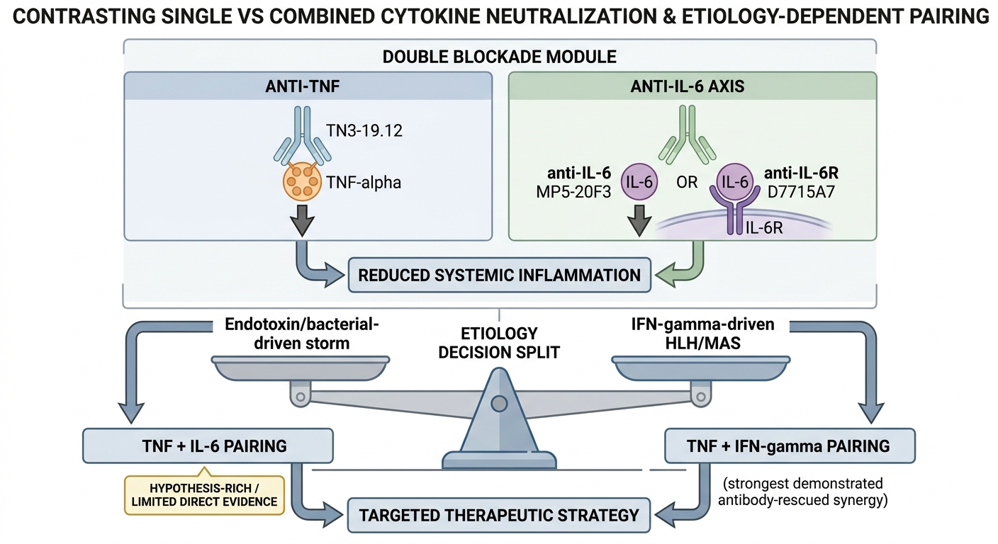 cytokine-storm-double-blockade-etiology-pairing.png | Diagram illustrating the Double Blockade Module pairing anti-TNF-alpha (clone TN3-19.12) with the IL-6 axis (MP5-20F3 or D7715A7) or IFN-gamma (XMG1.2) based on cytokine storm etiology.